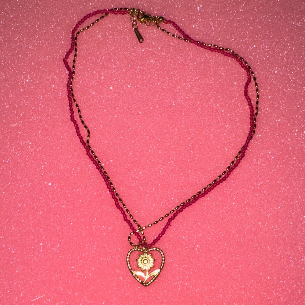 Gold and Pink Heart Pendant Necklace